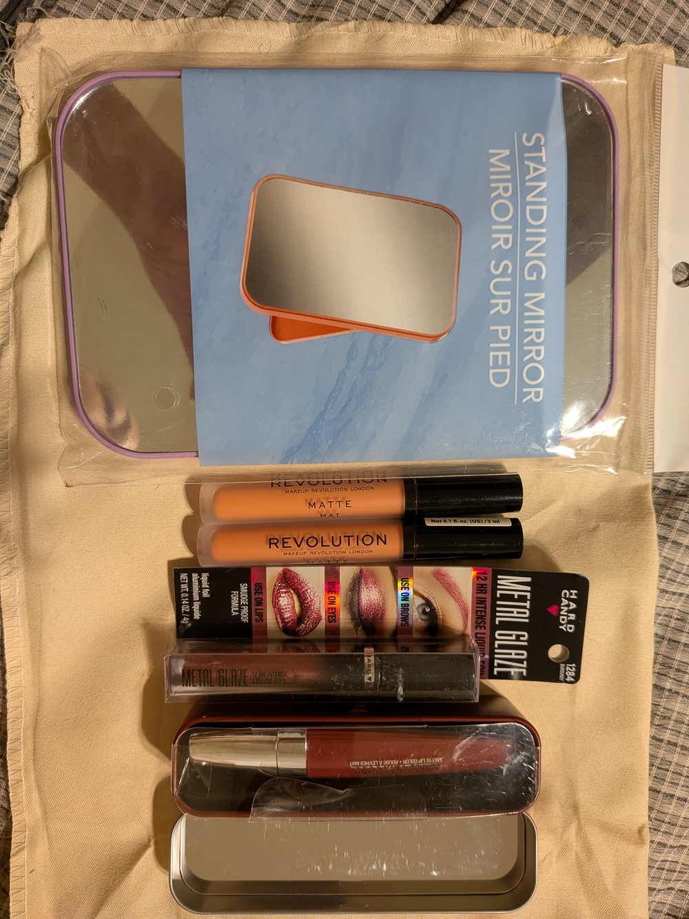 Revolution Makeup Set with Purple-Trim Mirror and Orange Lipsticks